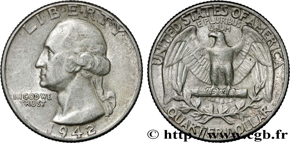ÉTATS-UNIS D AMÉRIQUE 1/4 Dollar Georges Washington 1942 Philadelphie TB+ 
