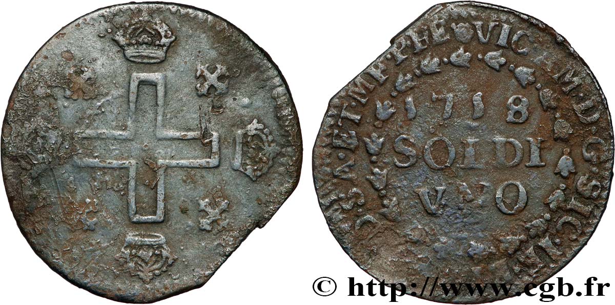 SAVOY - DUCHY OF SAVOY - VICTOR-AMADEUS II Sol (Soldo) 1718 Turin XF 