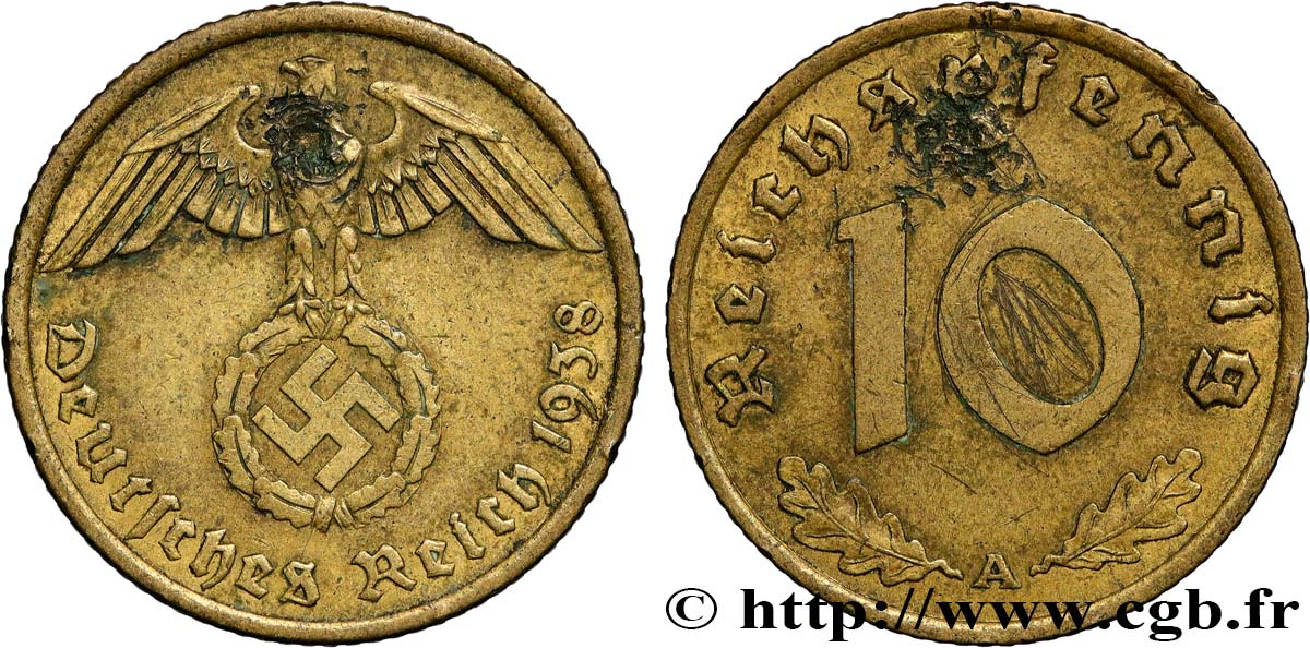 GERMANY 10 Reichspfennig aigle surmontant une swastika 1938 Berlin XF 