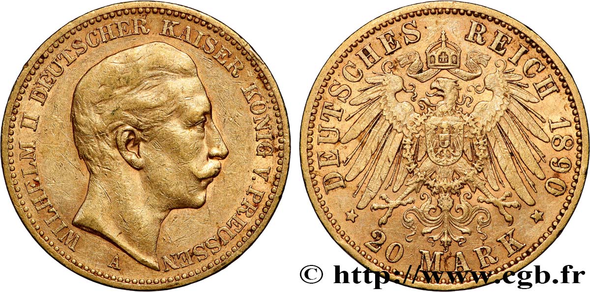 ALEMANIA - REINO DE PRUSIA - GUILLERMO II 20 Mark or, 2e type
 1890 Berlin MBC 
