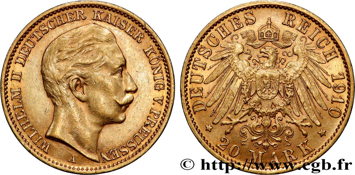 ALLEMAGNE - ROYAUME DE PRUSSE - GUILLAUME II 20 Mark  1910 Berlin TTB+ 