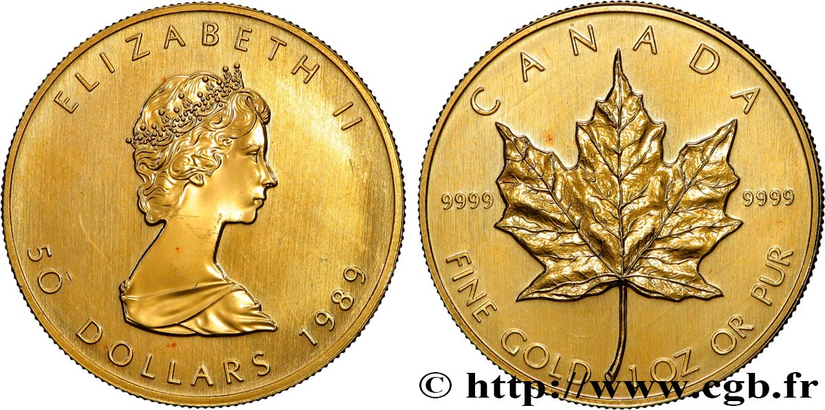 GOLD-, PALLADIUM- UND PLATIN-INVESTITIONEN 1 Oz - 50 Dollars  Maple Leaf  Elisabeth II 1989  fST 