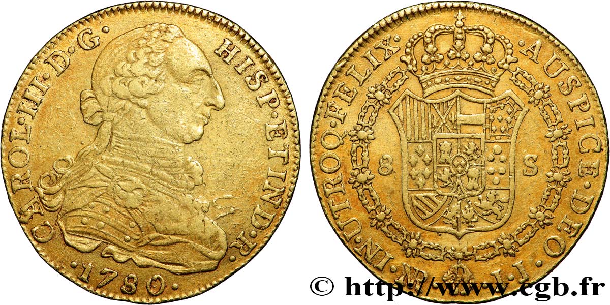 COLOMBIE - CHARLES III D ESPAGNE 8 Escudos  1780 Nuevo Reino (Bogota) TTB 