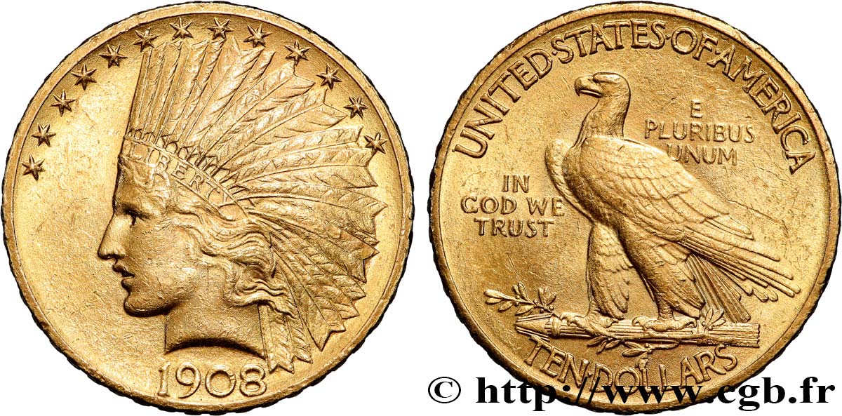 ÉTATS-UNIS D AMÉRIQUE 10 Dollars  Indian Head , 1e type 1908 Philadelphie TTB+ PCGS