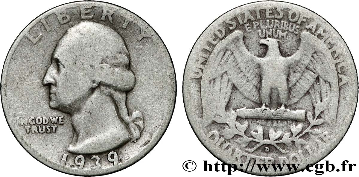 ÉTATS-UNIS D AMÉRIQUE 1/4 Dollar Georges Washington 1939 Denver TB 
