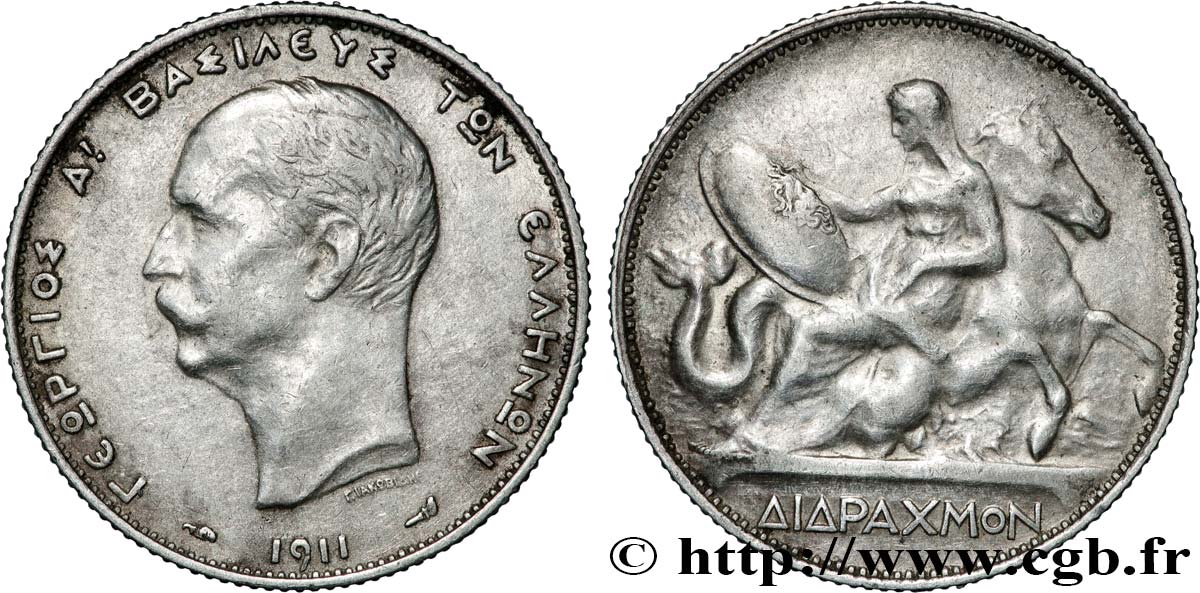 GRÈCE - ROYAUME DE GRÈCE - GEORGES Ier 2 Drachmes 1911 Paris TTB 
