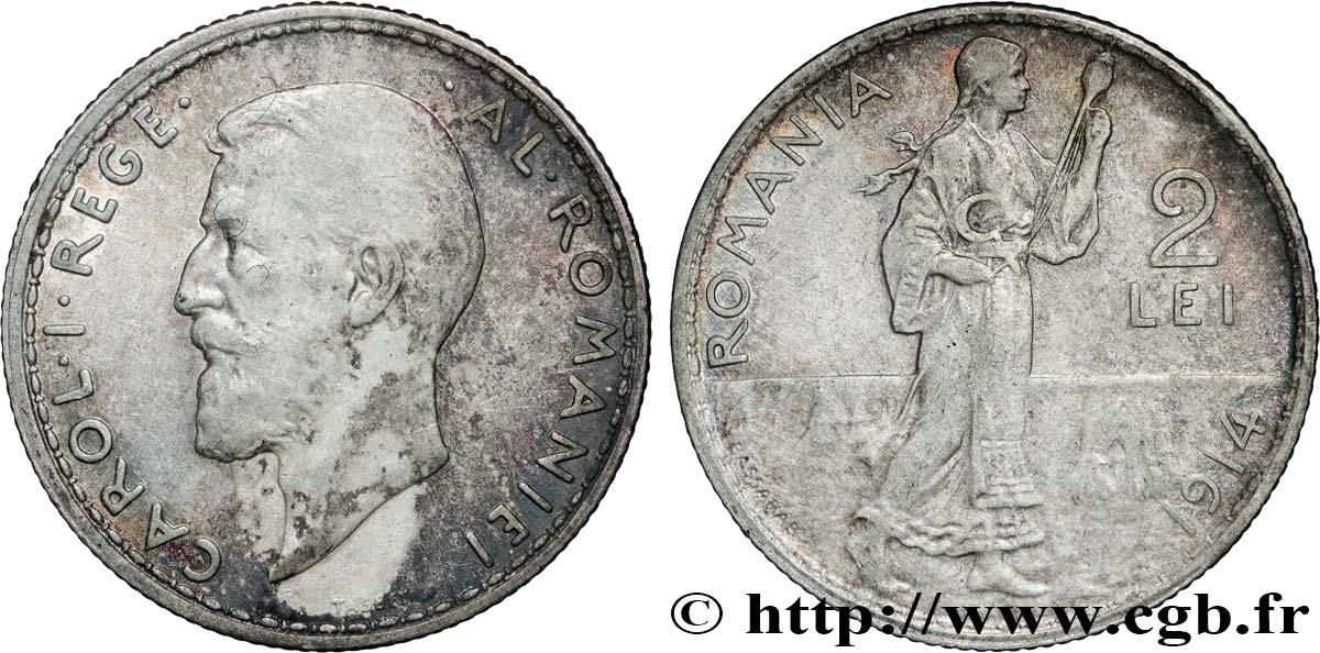 ROUMANIE 2 Lei Charles Ier 1914  TTB 
