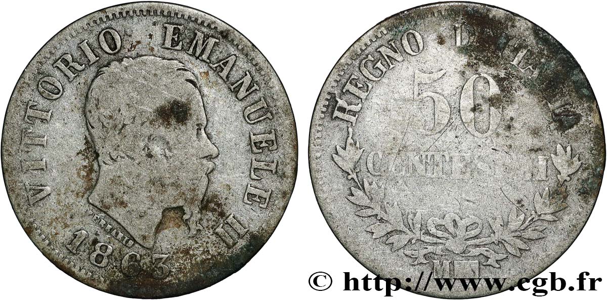 ITALIE 50 Centesimi Victor Emmanuel II 1863 Milan B+ 