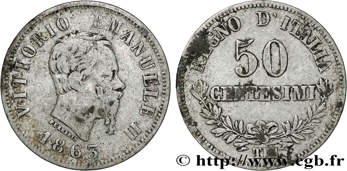ITALIE 50 Centesimi Victor Emmanuel II 1863 Turin - T TB+ 