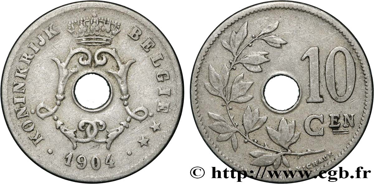 BELGIQUE 10 Centiemen (Centimes) Léopold II 1904  TTB 