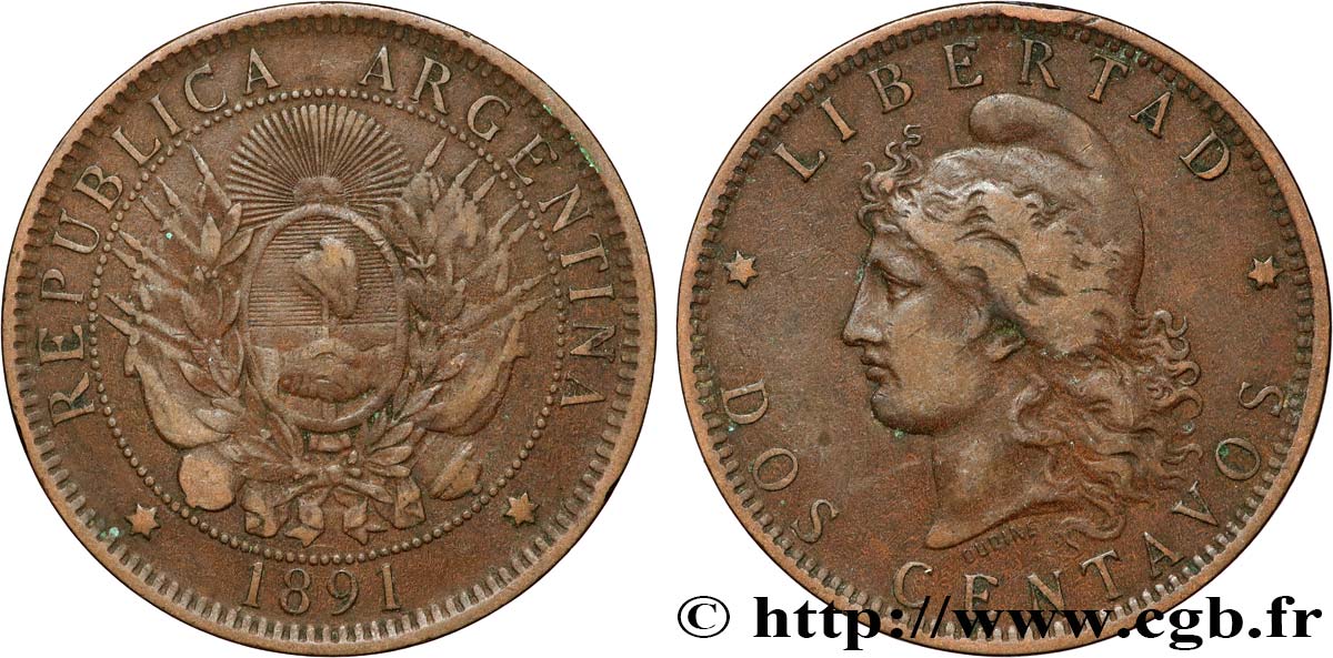 ARGENTINIEN 2 Centavos emblème / “Liberté” 1891  fSS 