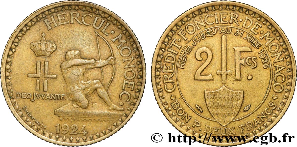 MONACO 2 Francs émission du Crédit Foncier de Monaco 1924 Poissy TTB 