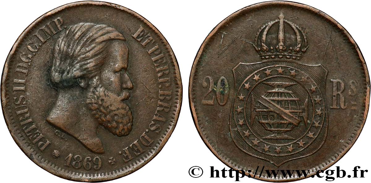 BRÉSIL 20 Réis Pierre II 1869  TTB 