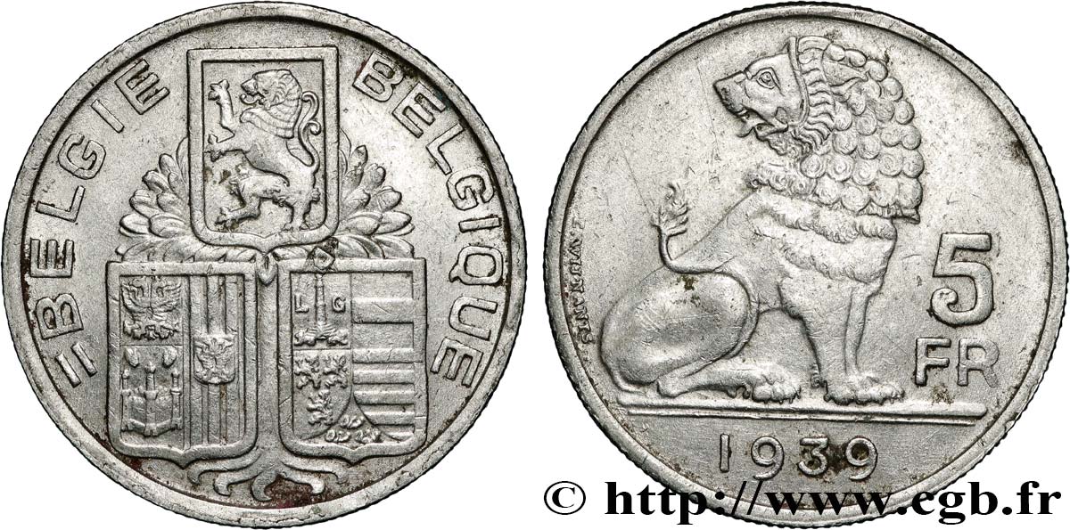 BELGIQUE 5 Francs Léopold III 5 Francs 1939  TTB 
