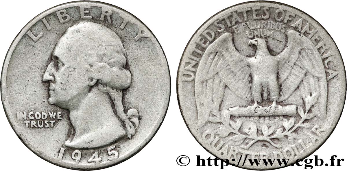 ÉTATS-UNIS D AMÉRIQUE 1/4 Dollar Georges Washington 1945 Philadelphie TB 