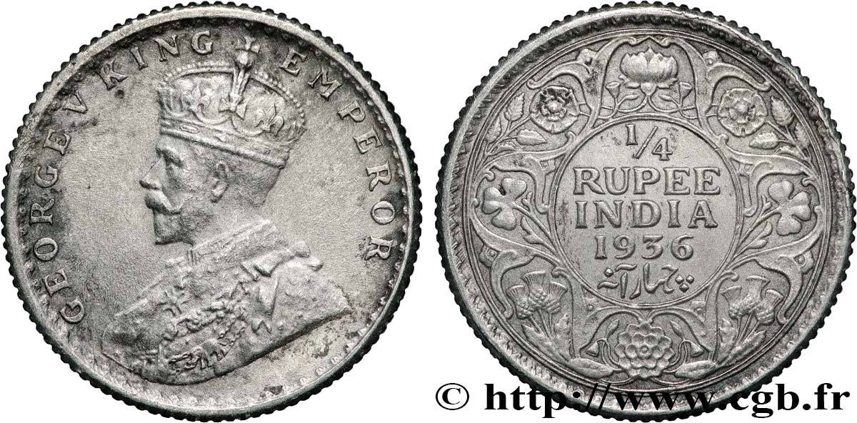 INDIA BRITÁNICA 1/4 Roupie Georges V 1936 Bombay MBC+ 