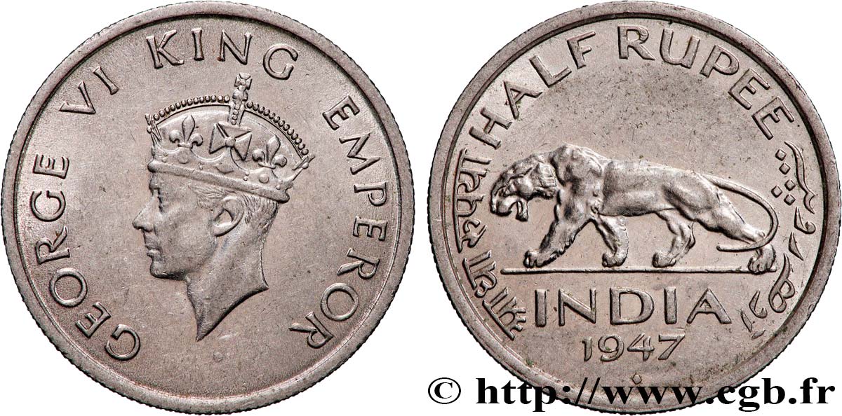 INDIA
 1/2 Roupie Georges VI / tigre 1947 Bombay (Mumbai) EBC 