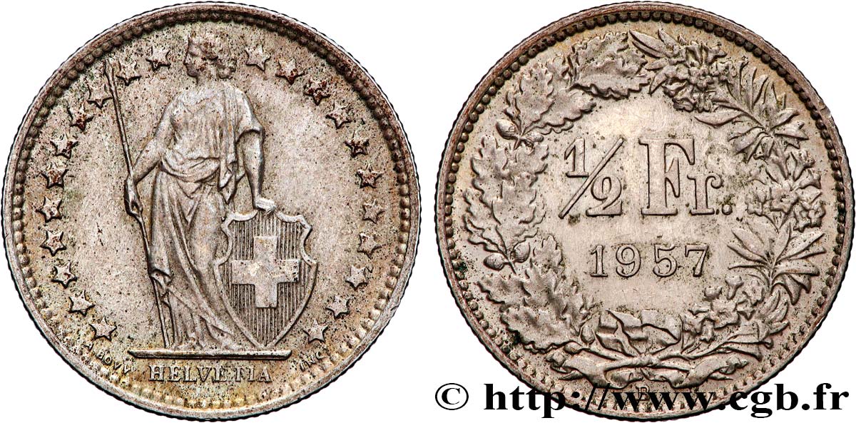 SUISSE 1/2 Franc Helvetia 1957 Berne - B TTB+ 