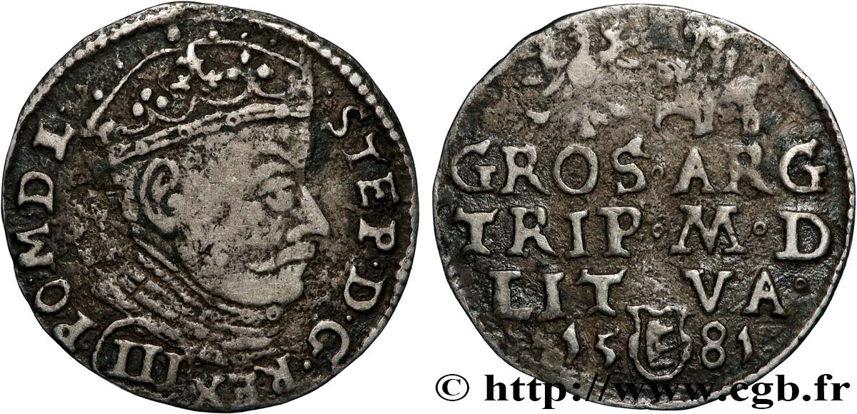POLOGNE - LIVONIE - ÉTIENNE Ier BATHORY Trois groschen 1581 Vilnius TB+ 