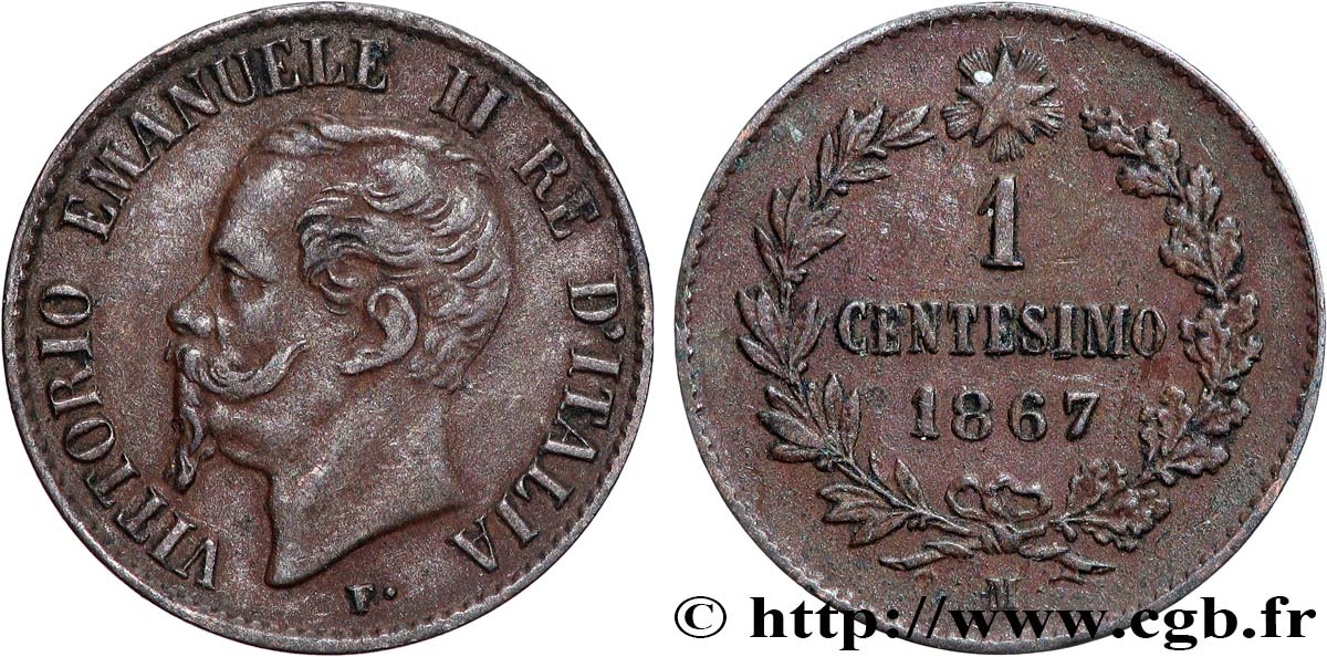ITALY 1 Centesimo Victor Emmanuel II 1867 Milan AU 