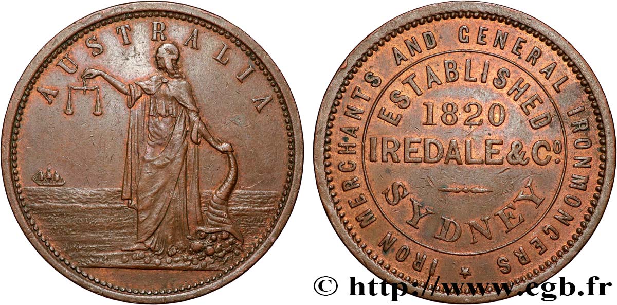 AUSTRALIE Token de 1 Penny IREDALE &C°, Sydney / allégorie de la Justice 1820  TTB 