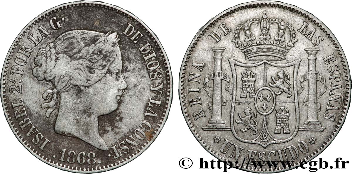 ESPAGNE 1 Escudo Isabelle II / écu couronné 1868 Madrid TTB 