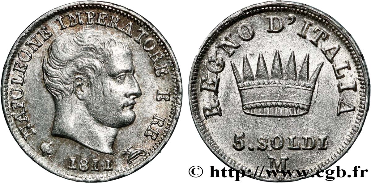 ITALIA - REINO DE ITALIA - NAPOLEóNE I 5 Soldi Napoléon Empereur et Roi d’Italie 1811 Milan - M EBC 