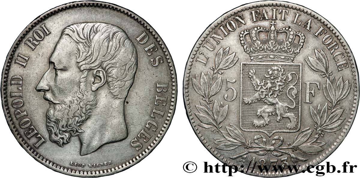 BELGIQUE 5 Francs Léopold II 1873  TTB 