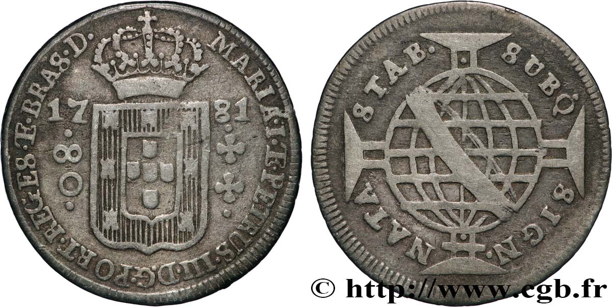 BRAZIL - MARIA I and PETER III 80 Reis  1781 Lisbonne XF 
