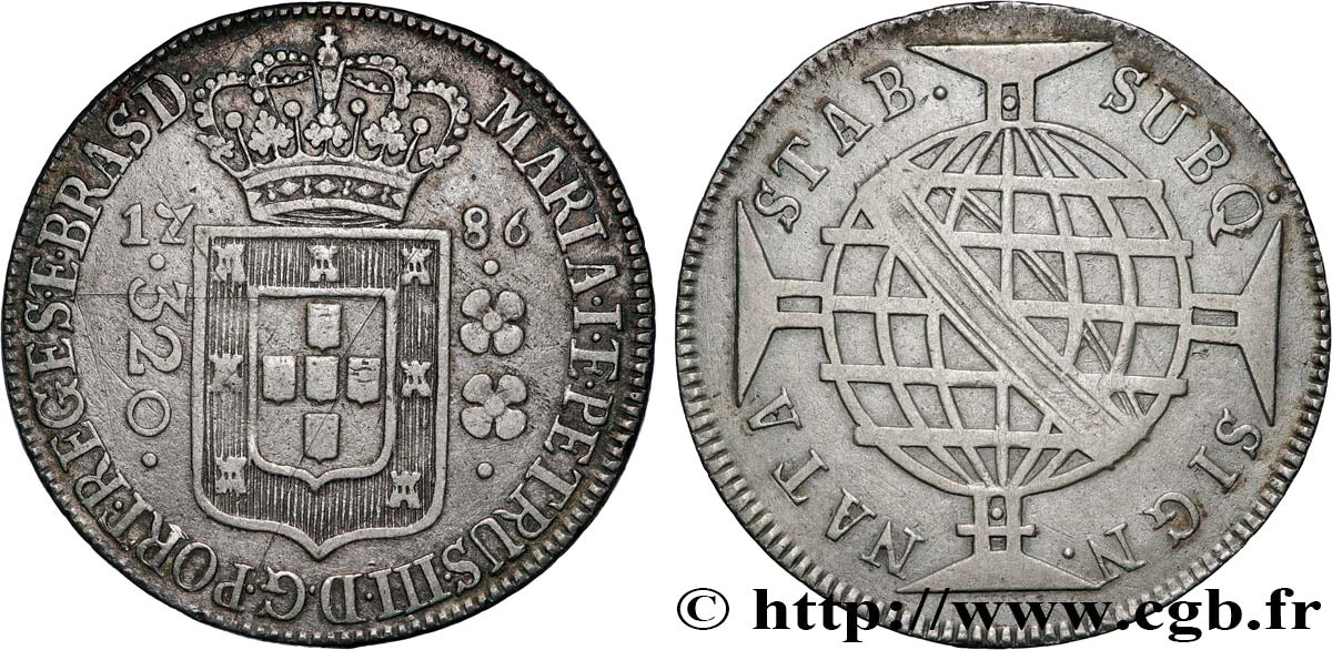 BRAZIL - MARIA I and PETER III 320 Reis  1786 Lisbonne XF 