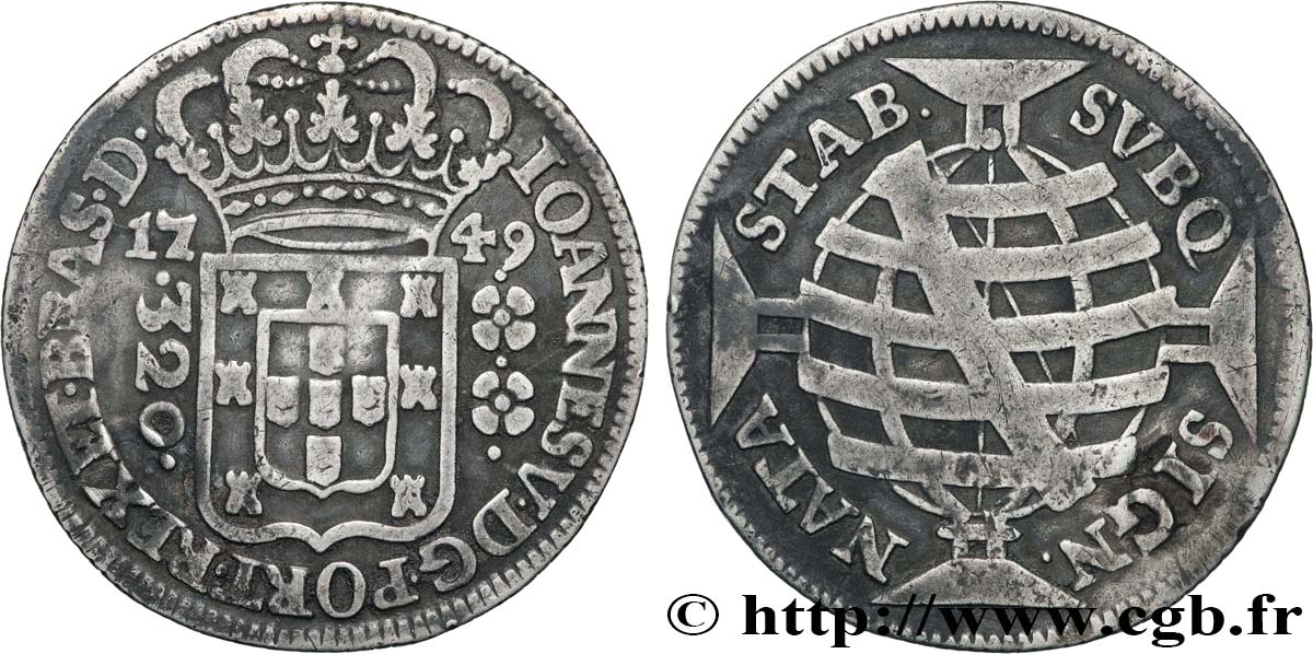 BRÉSIL - JEAN V 320 Reis  1749 Lisbonne TTB 