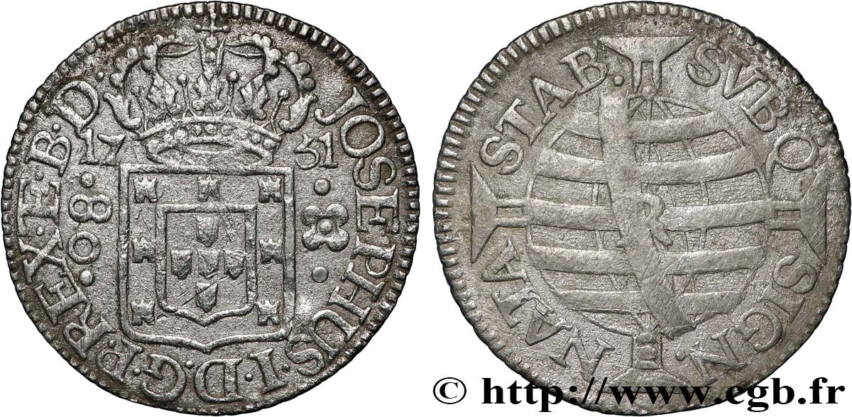 BRAZIL - JOSEPH I 80 Reis  1751 Rio de Janeiro XF 