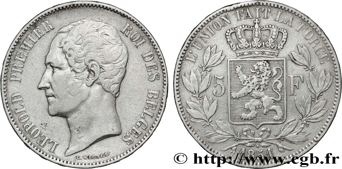 BELGIQUE 5 Francs Léopold Ier tête nue 1851  TTB 