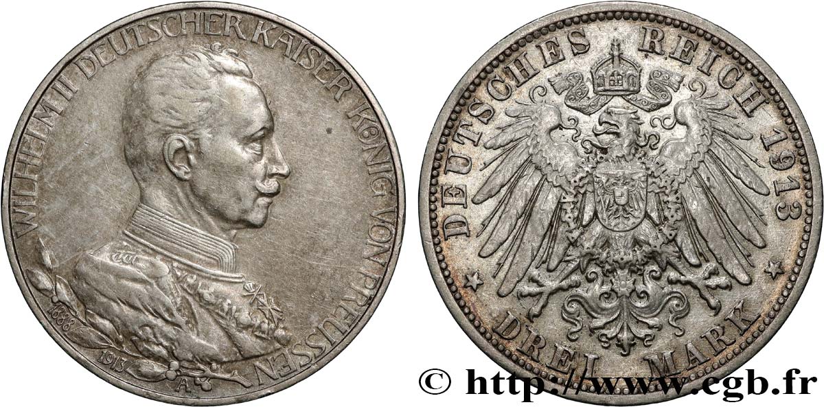 ALLEMAGNE - PRUSSE 3 Mark 25e anniversaire de règne de Guillaume II 1913 Berlin TTB+ 