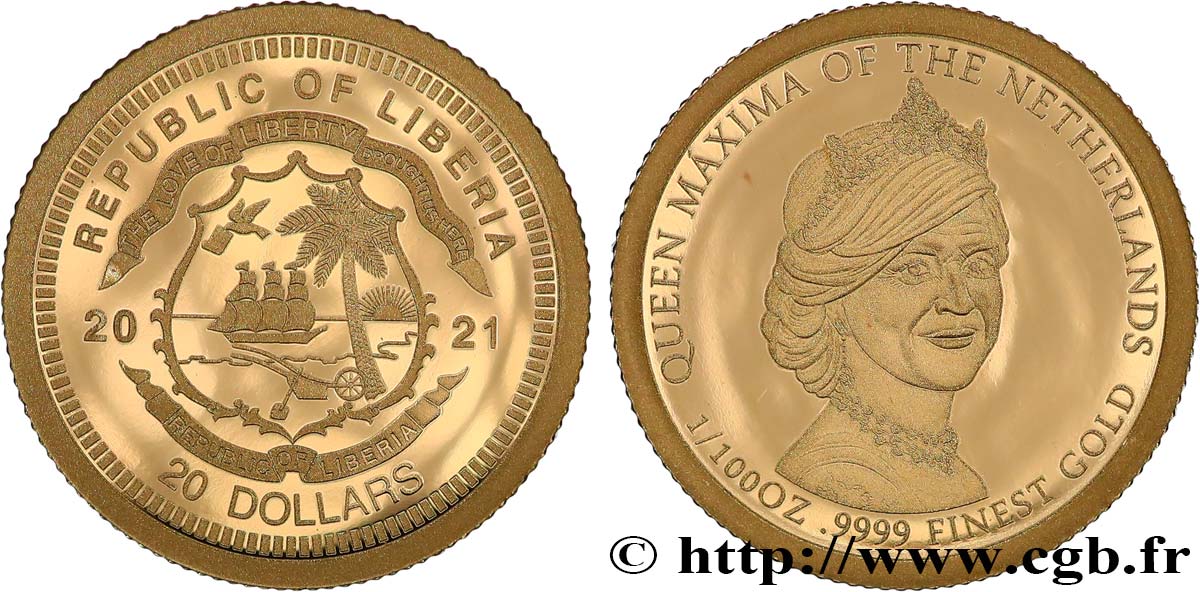 LIBERIA 20 Dollars Proof Reine Maxima des Pays-Bas 2021  MS 