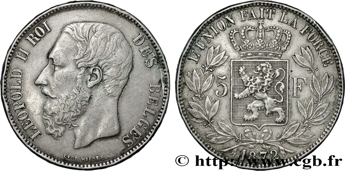 BELGIQUE 5 Francs Léopold II 1872  TB+ 