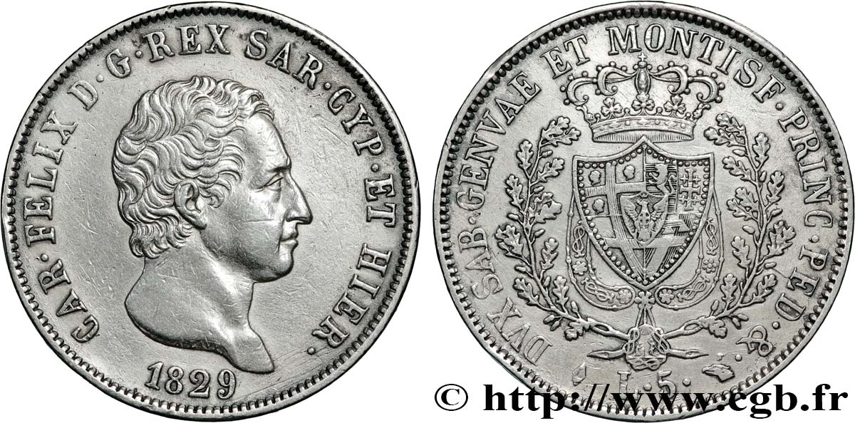 ITALIA - REINO DE CERDEÑA  - CARLO FÉLIX 5 Lire  1829 Turin MBC 