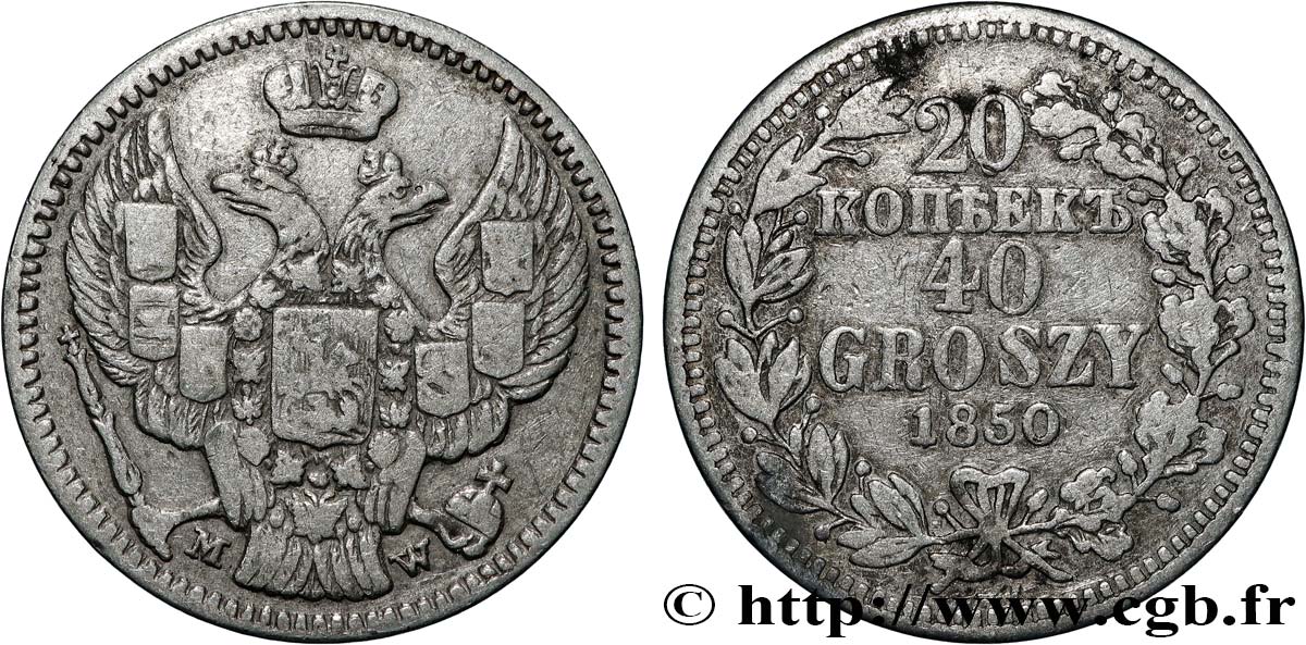 POLOGNE - ROYAUME DE POLOGNE - NICOLAS Ier 20 Kopecks / 40 Groszy 1850 Varsovie BC+ 