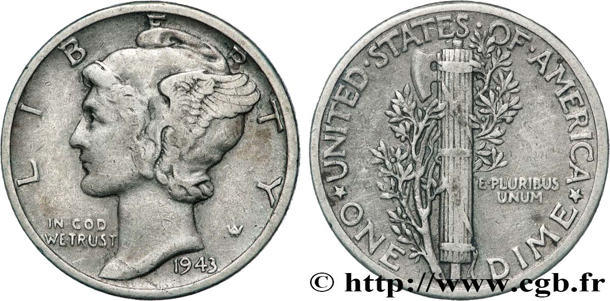 STATI UNITI D AMERICA 1 Dime Mercury 1943 Philadelphie BB 