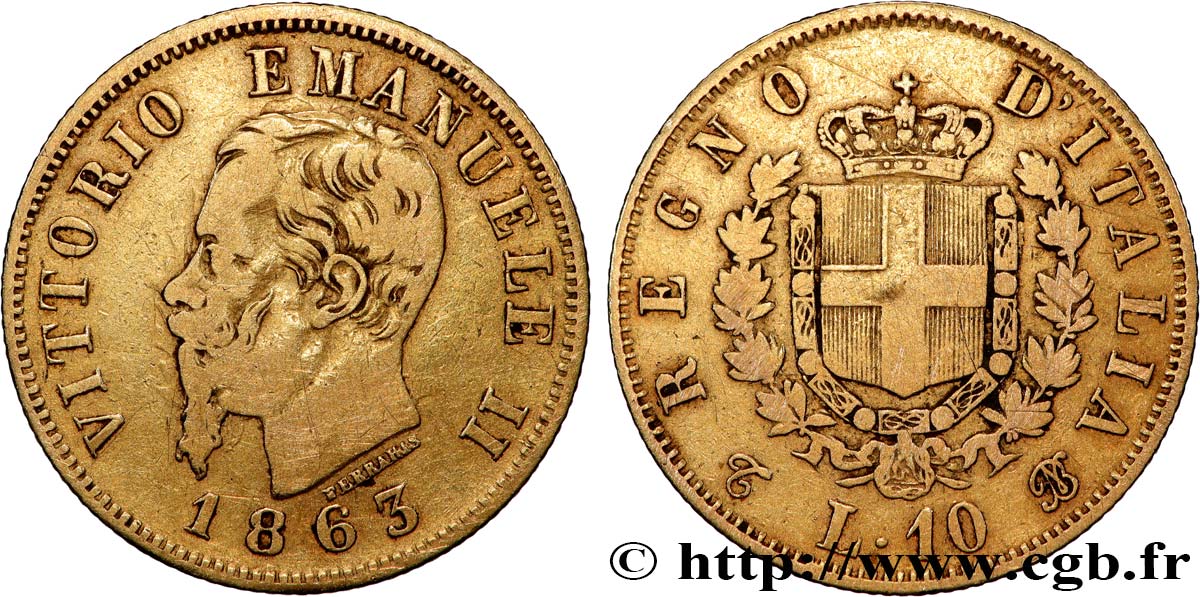 ITALY - KINGDOM OF ITALY - VICTOR-EMMANUEL II 10 Lire 1863 Turin VF 
