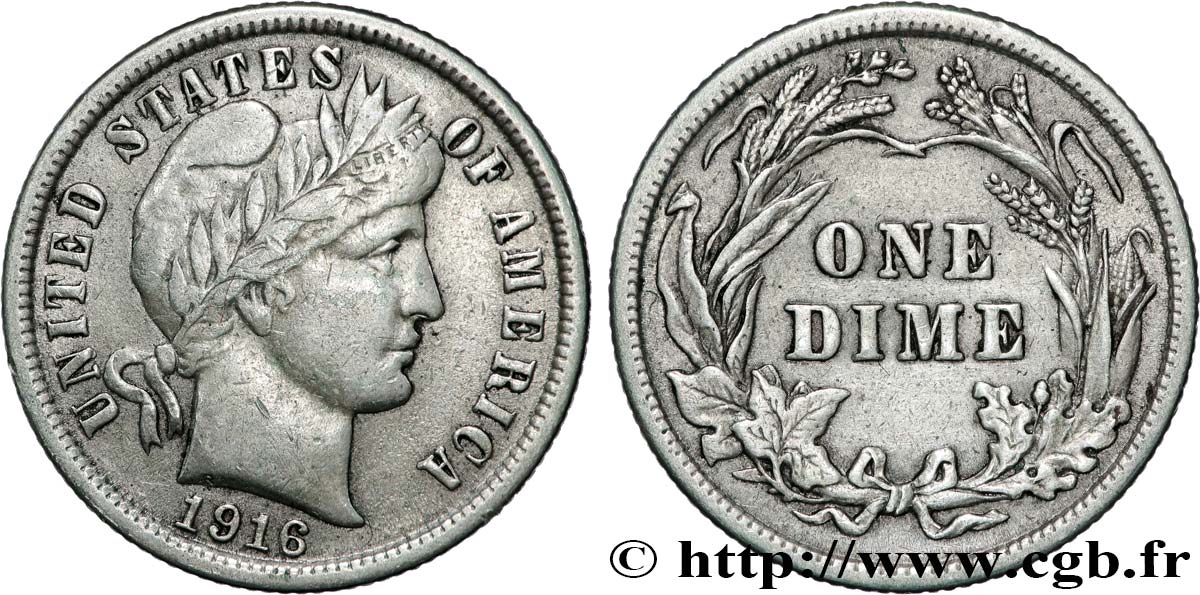 UNITED STATES OF AMERICA 1 Dime Barber 1916 Philadelphie XF 