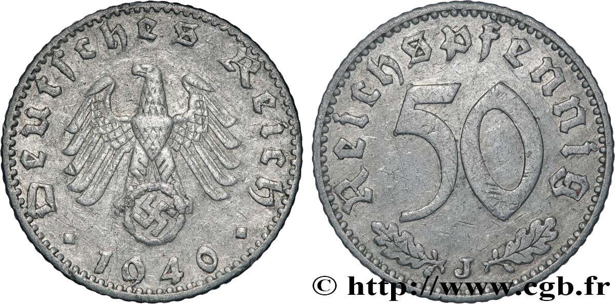 GERMANY 50 Reichspfennig aigle héraldique  sur swastika 1940 Hambourg - J XF 