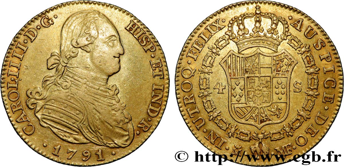 SPAIN - KINGDOM OF SPAIN - CHARLES IV 4 escudos 1791 Madrid XF/AU 