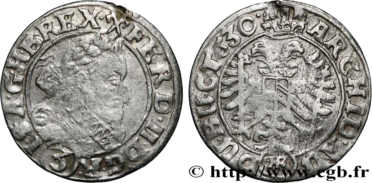 AUSTRIA - BOHEMIA - FERDINAND II OF HABSBURG Groschen ou 3 kreutzer 1630 Breslau VF 