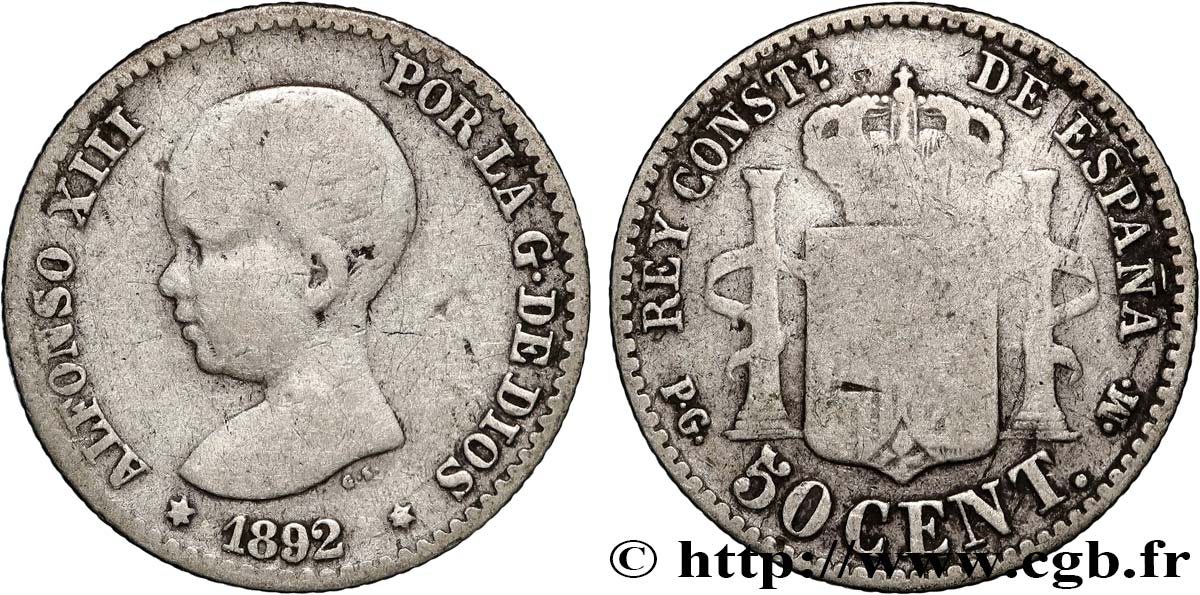 ESPAGNE 50 Centimos Alphonse XIII buste bébé 1892 Madrid TB/TTB 