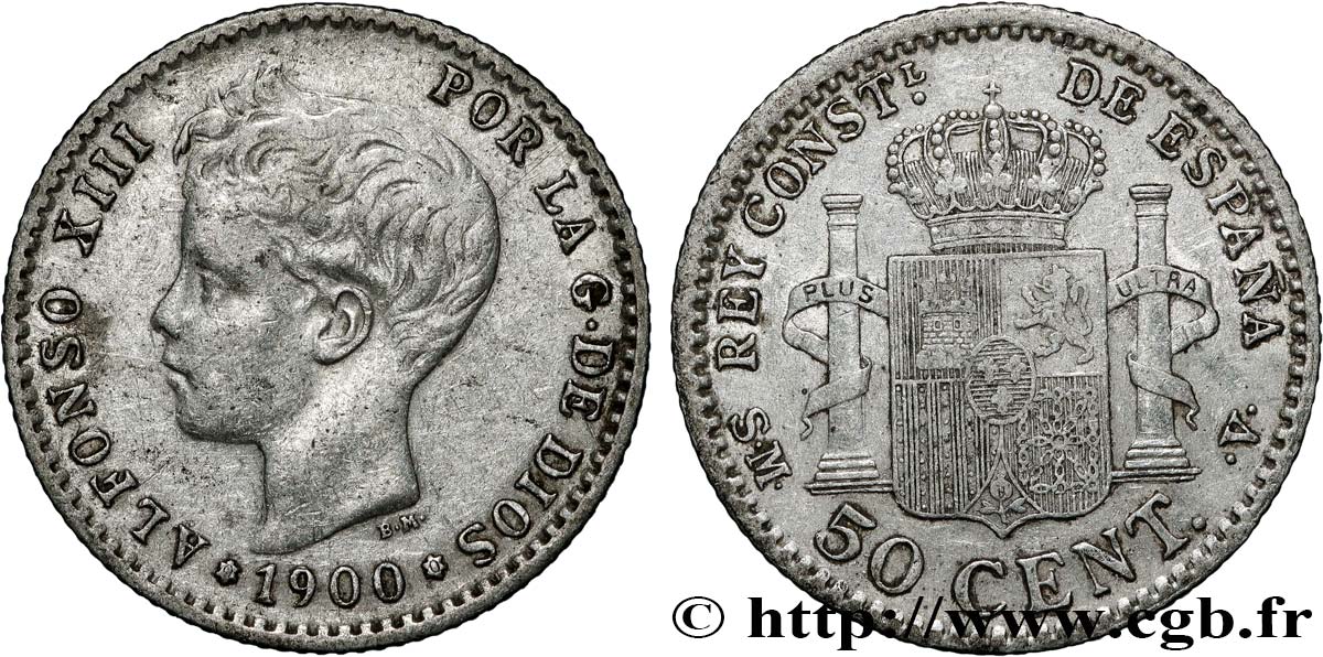 SPAIN - KINGDOM OF SPAIN - ALFONSO XIII 50 Centimos 3e type 1896 Madrid AU 
