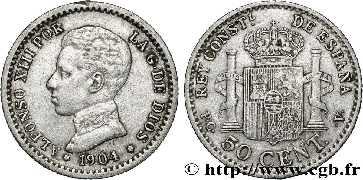 SPAIN 50 Centimos Alphonse XIII P.C.-.V. (10) 1904 Madrid XF 