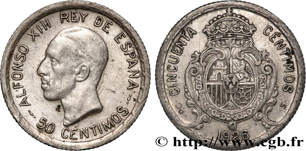 SPAIN 50 Centimos Alphonse XIII  1926 Madrid AU 