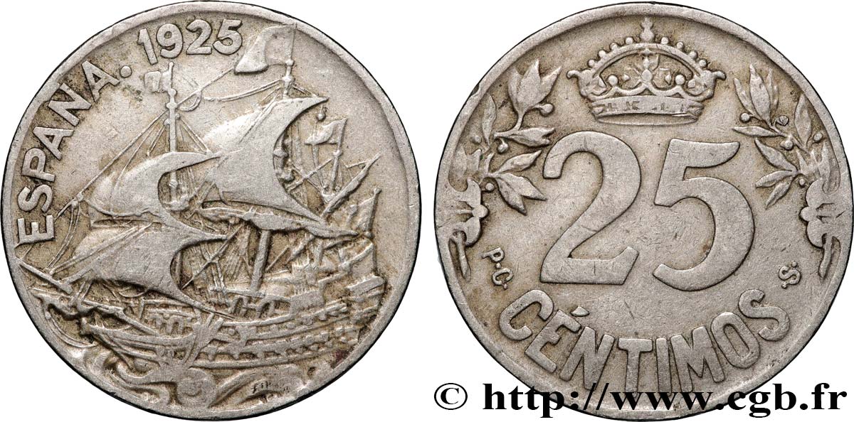 ESPAGNE 25 Centimos navire 1925  TTB 