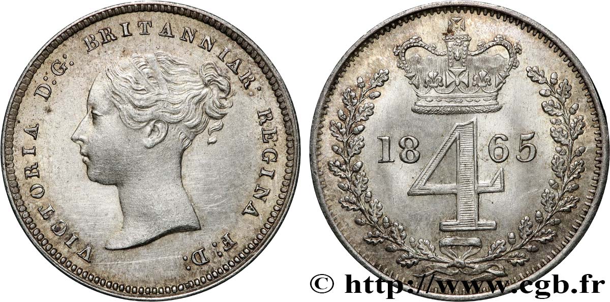 GRAN BRETAGNA - VICTORIA 4 Pence (Maundy Set) Victoria tête jeune 1865 Londres SPL 